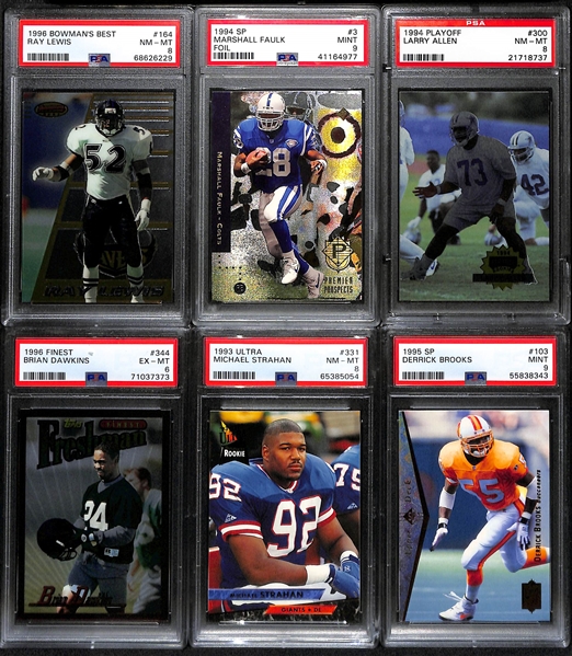 (15) PSA Graded Football HOF Rookies- Ray Lewis (PSA 8), Marshall Faulk (PSA 9), Larry Allen (PSA 8),  Brian Dawkins (PSA 6), Michael Strahan (8), Derrick Brooks (PSA 9), +